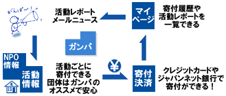 図解(活動レポート、メールニュース→活動ごとに寄付できる団体はガンバのお薦めで安心→クレジットカードやジャパンネット銀行で寄付ができる→寄付履歴や活動レポートを一覧できる)