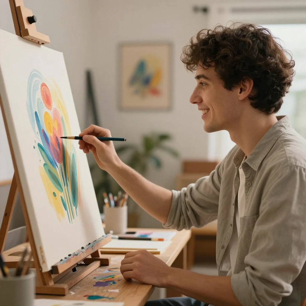 人間のアーティストとAIが協力して創作する明るい未来のイメージ