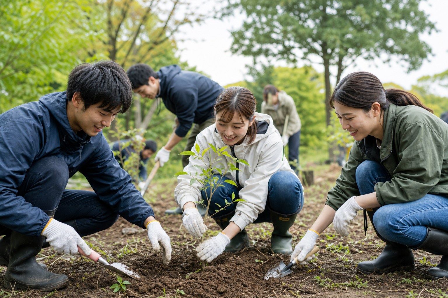 エコ志向の若者たちが植樹活動をする様子