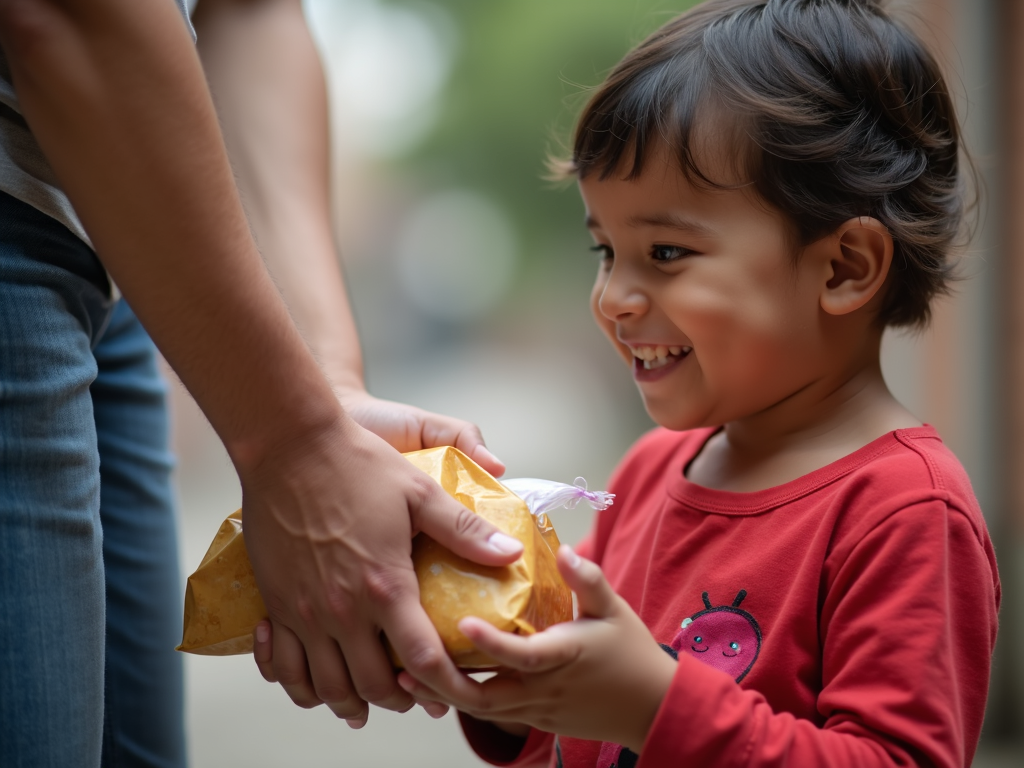 ボランティアが笑顔の子どもに食料パッケージを手渡すクローズアップ写真
