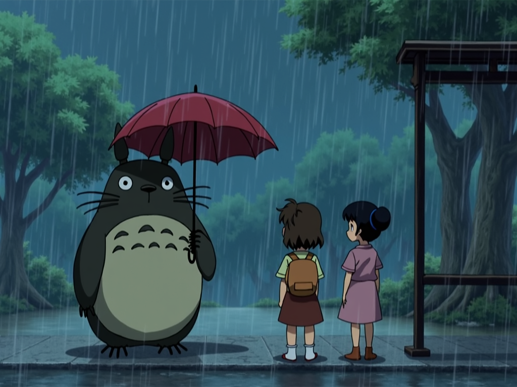 『となりのトトロ』のシーン。トトロが傘をさして雨の中に立ち、サツキとメイがバス停で待っている。