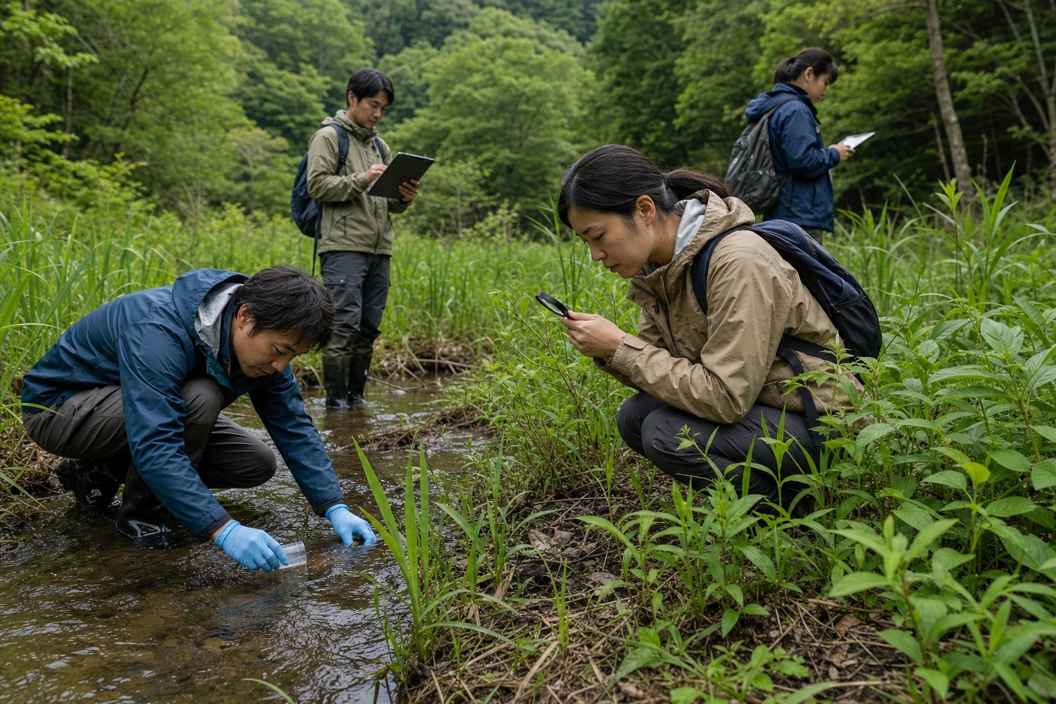 自然保護活動に取り組む科学者たちの調査風景