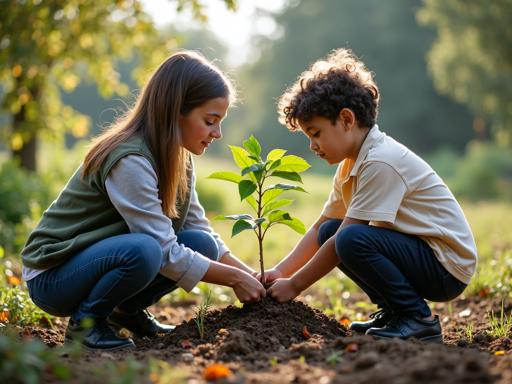 学校の庭で子どもと一緒に木を植えるボランティア。成長と協力の象徴。