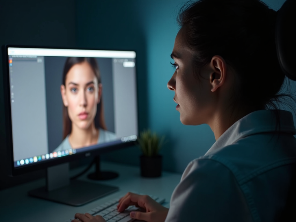 AI画像生成ツールを使用する人物の画像。画面には実在の人物に似た生成画像が表示されており、プライバシーの懸念を示しています。