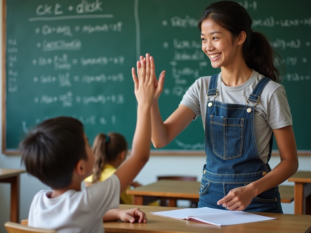 数学の問題を解いた子とハイタッチするボランティア。背景には数式が書かれた黒板。